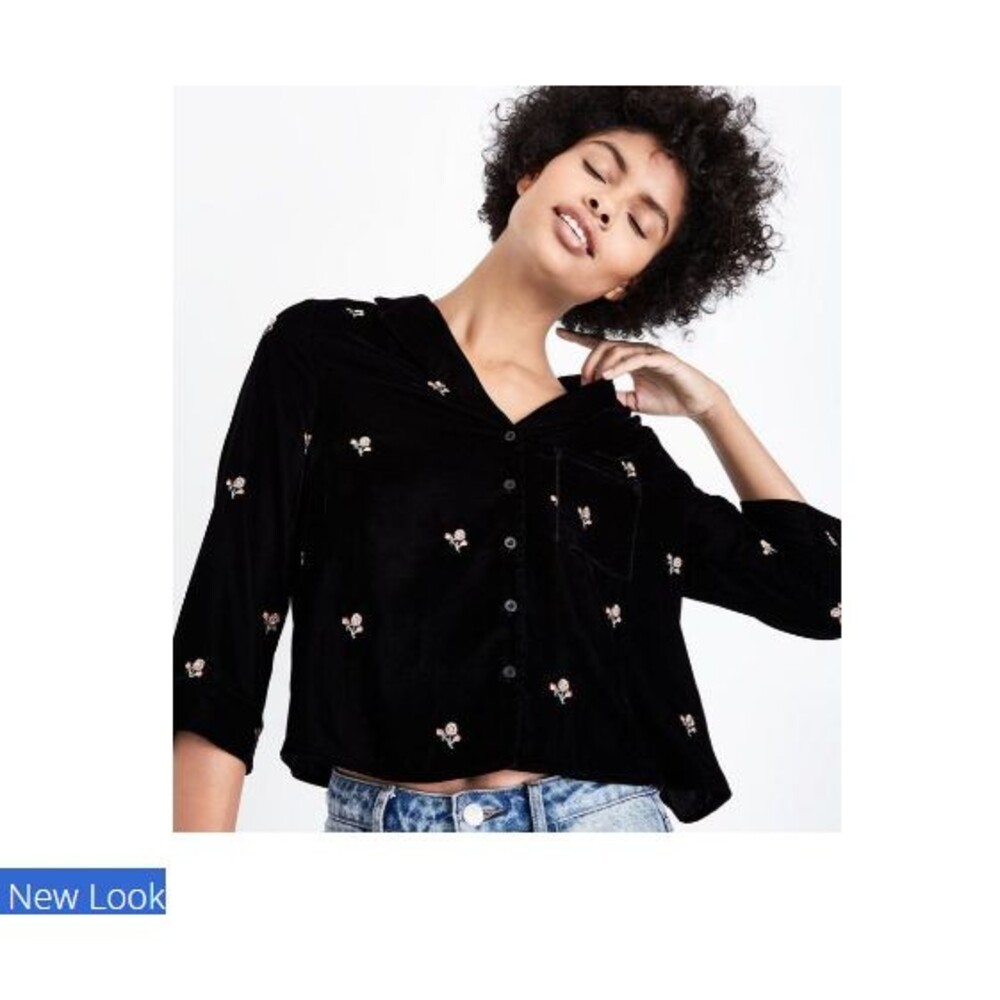 New Look Velvet Floral Embroidered Cropped Shirt Women's 4 Whimsigoth Party